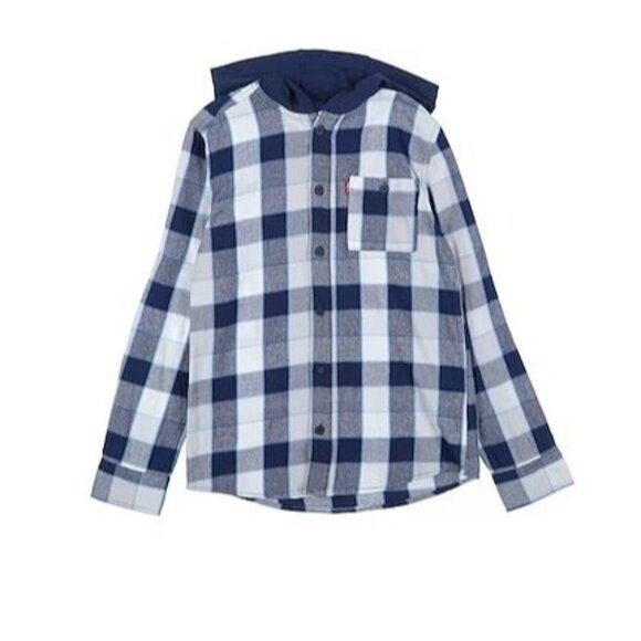 NWT Levis Shirt Boys Large Blue Plaid Hooded Button Up Long Sleeve Size L - Picture 1 of 5